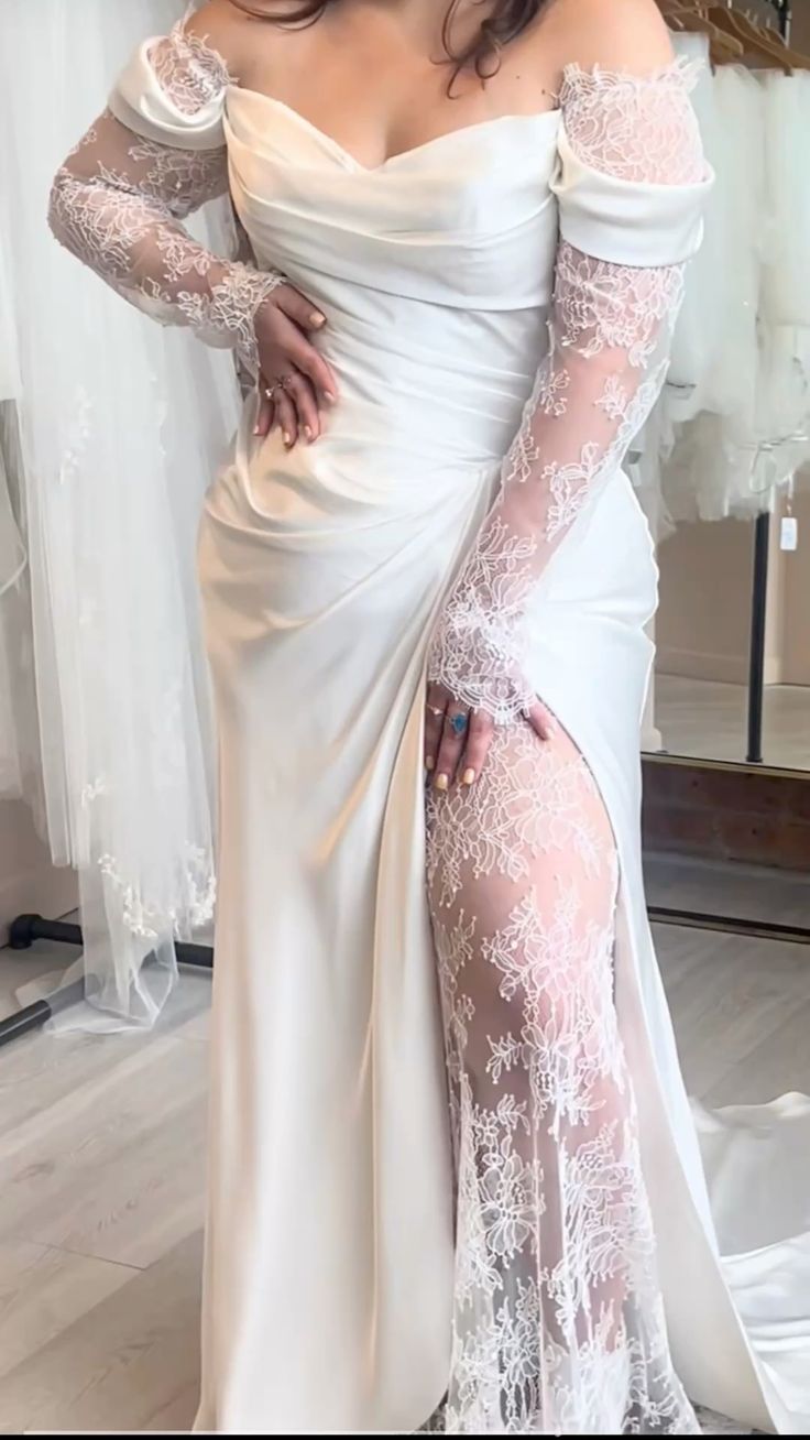 Cream Satin Off-the-Shoulder Lace Sleeve Slit Floor-Length Elegant Wedding Dress NV6232