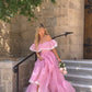 Pink Off-the-shoulder Ruffle Chiffon Lace A-line Sweet Long Prom Gown Party Dress nv2694