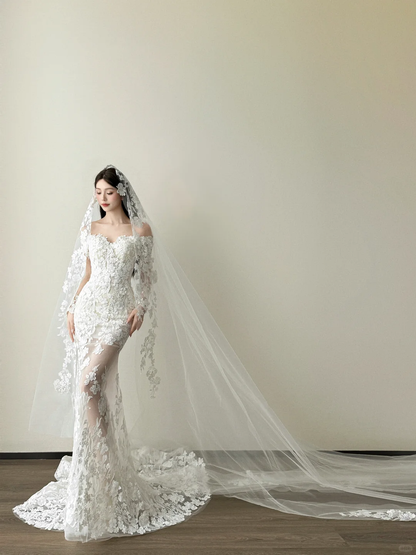 Sweetheart Off Shoulder Mermaid Wedding Dress 3D Floral Lace Bridal Gown  NV7128