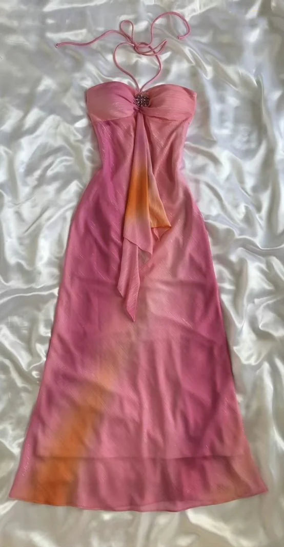 Robe de soirée longue en mousseline de soie, élégante, rose, dégradé, sans bretelles, nv4610