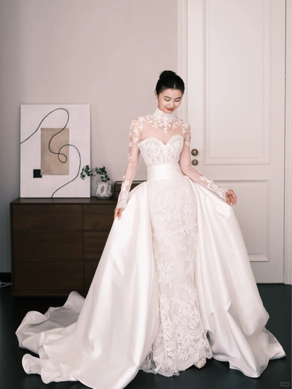 Long Sleeve Lace Wedding Dress Detachable Satin Overskirt Mermaid Bridal Gown  NV7258