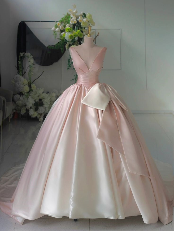 Pink V-neck simple fashion bow long satin ball gown evening dress nv3022