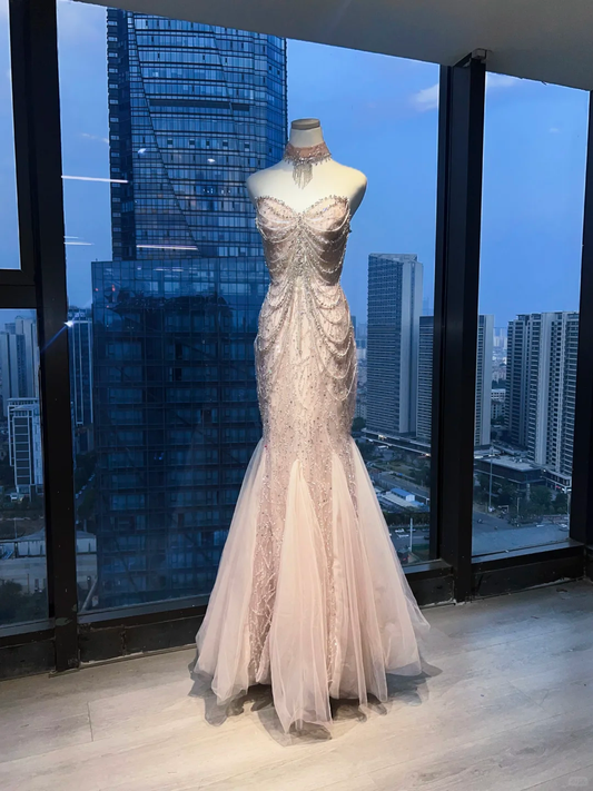 Strapless Nude Pink Mermaid Prom Dress Full Body Rhinestone Chain Beading Flowy Tulle Evening Gown  NV6984