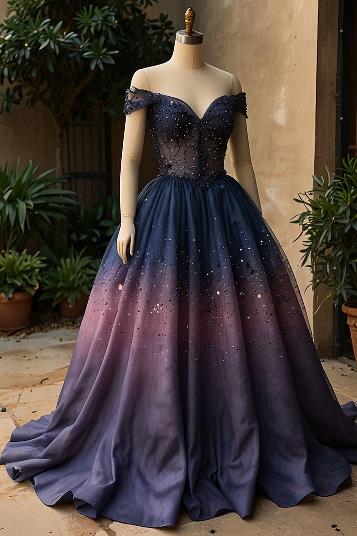 NiceVestidos – Ein langes, bodenlanges Ballkleid mit einem wunderschönen, schimmernden blau-violetten Farbverlauf und exquisiter Perlenstickerei. NV6109