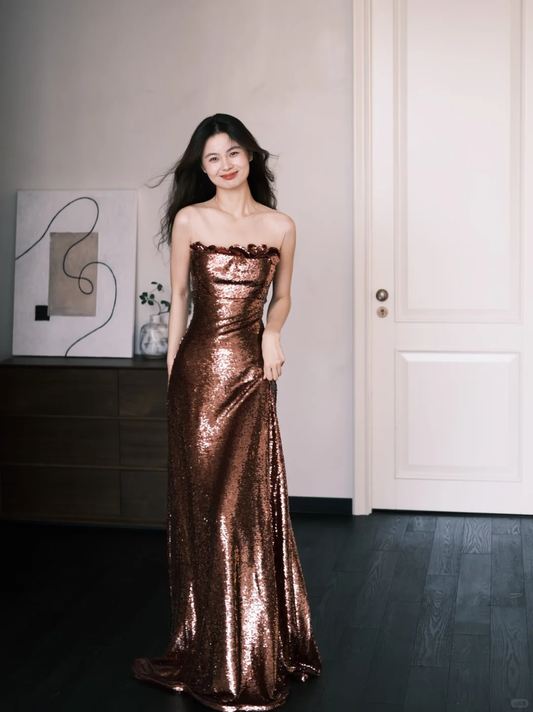 Strapless Bronze Sequin Mermaid Prom Dress with 3D Flower Neckline  NV7370