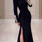 Black shiny elegant long slit satin sequin ball gown evening dress nv3177