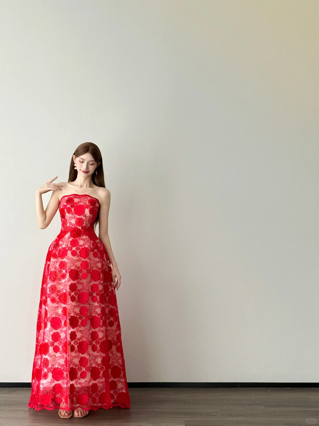 Red Strapless A Line Tulle Evening Dress 3D Flower Applique Gown  NV7116