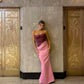 Pink solid color off-shoulder stitching long ball gown evening dress nv2918