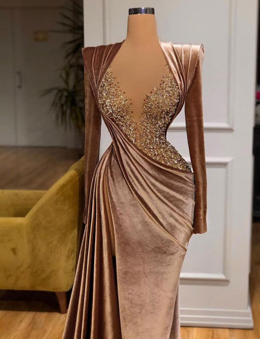 Brown Sexy Velvet Beaded Mermaid Slim Fit Long Sleeve Long Autumn Winter Prom Dress Evening Dress nv2634