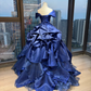 Off Shoulder Royal Blue Ball Gown Puff Sleeve Beaded Embroidery 3D Flower Satin Ruffle Prom Dress  NV7039