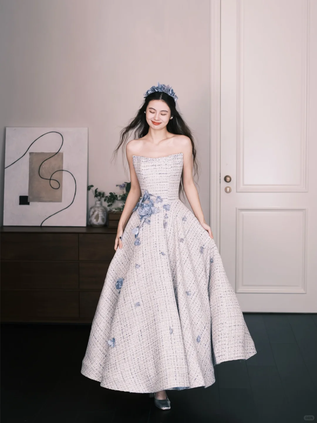 Strapless Tweed Prom Dress with 3D Flowers, Elegant A-Line Evening Gown  NV7334