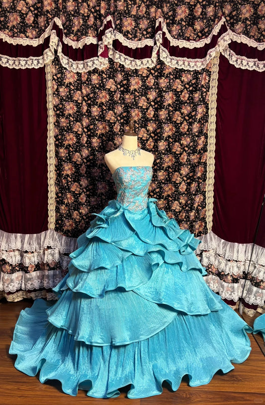 Blau Elegant Zarte Floral Lange Satin Ballkleid Abendkleid Partykleid nv4011