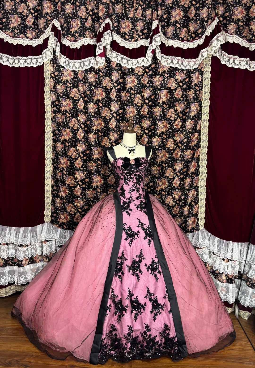 Pink applique floral lace princess long tulle ball gown evening dress quinceanera dress nv4652