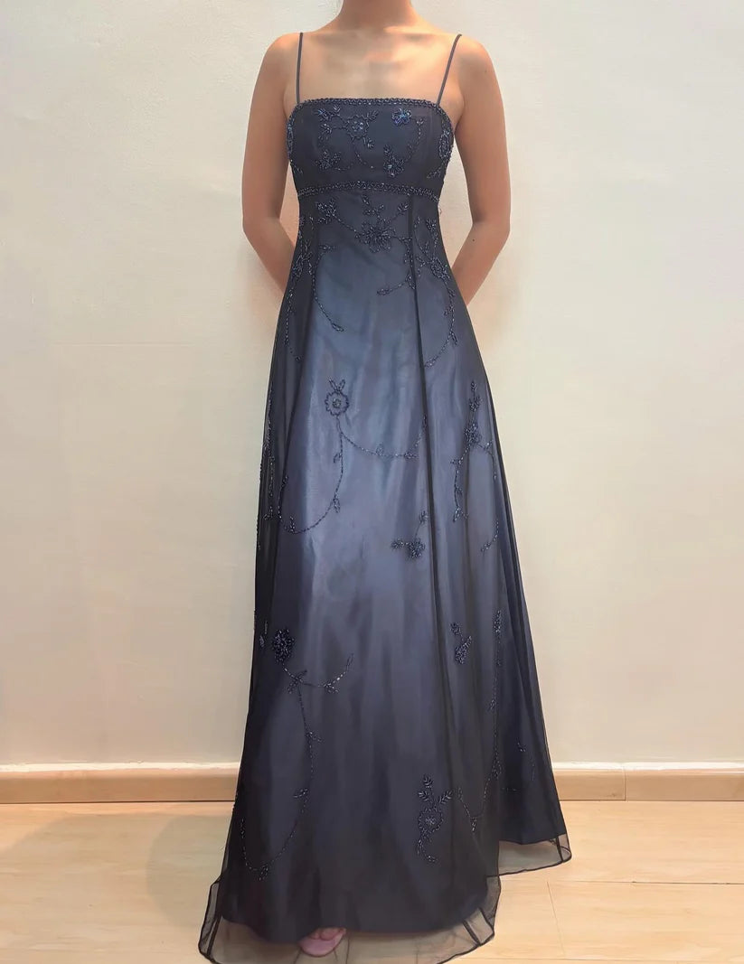 NiceVestidos – Dunkelblau/Dunkelgrau, florales, exquisites, perlenbesetztes, langes Tüll-Ballkleid, Feenkleid NV5777