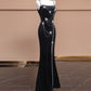 Schwarzes, langes, mit Perlen besetztes Ballkleid aus Schmetterlingssamt, NV5077