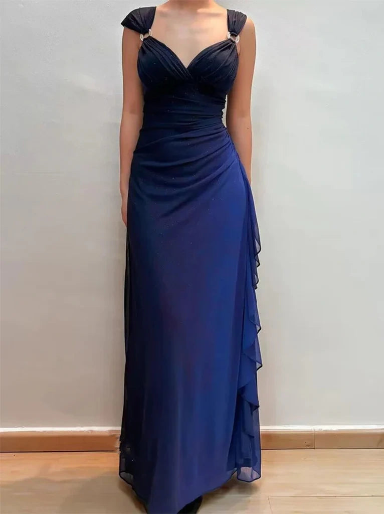 Blaues, modisches, glänzendes, elegantes, ärmelloses, langes Chiffon-Kleid mit bodenlangem Träger, Ballkleid, Abendkleid, Partykleid nv3698