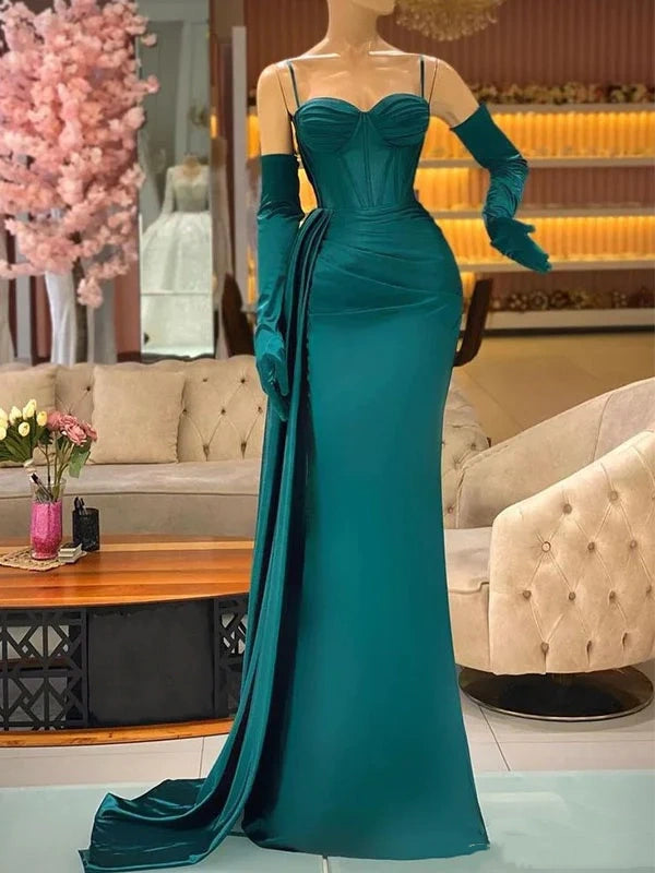 Dunkelgrünes elegantes Meerjungfrau-Ballkleid mit langen Spaghettiträgern und Rüschen nv1980
