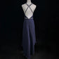 Robe de soirée longue en mousseline de soie, dos nu, strass bleus, nv4427