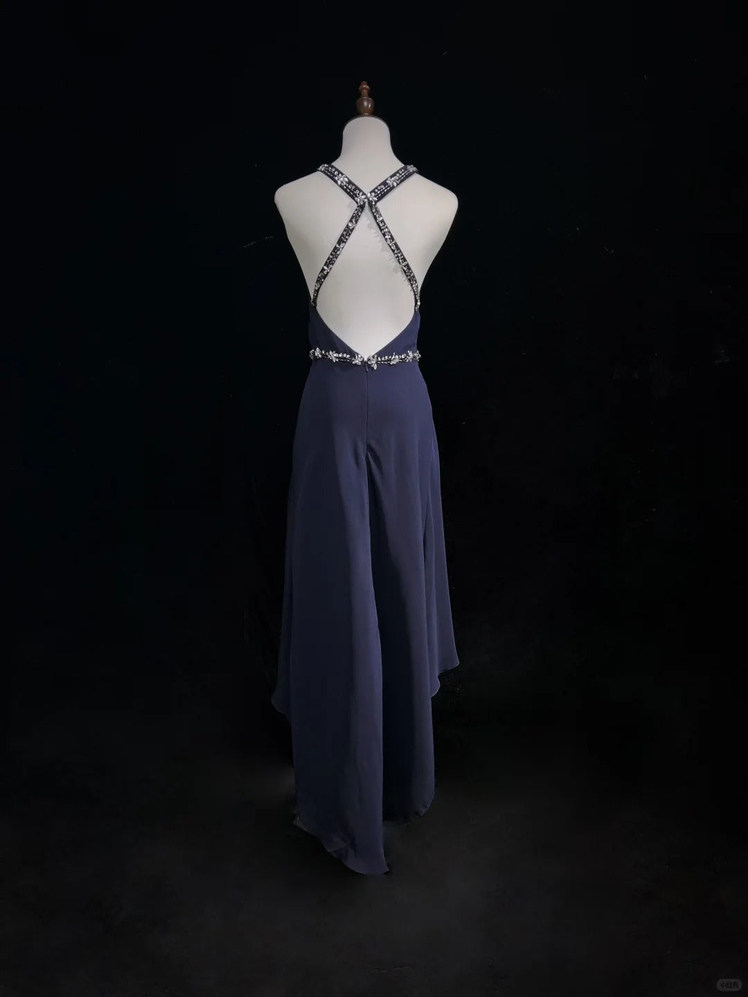 Robe de soirée longue en mousseline de soie, dos nu, strass bleus, nv4427