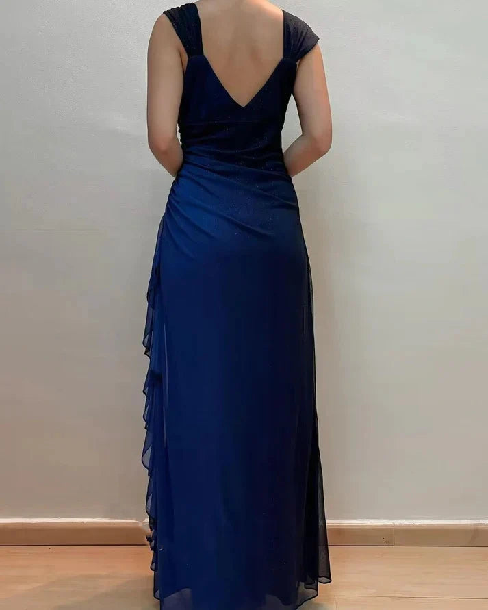 Blaues, modisches, glänzendes, elegantes, ärmelloses, langes Chiffon-Kleid mit bodenlangem Träger, Ballkleid, Abendkleid, Partykleid nv3698
