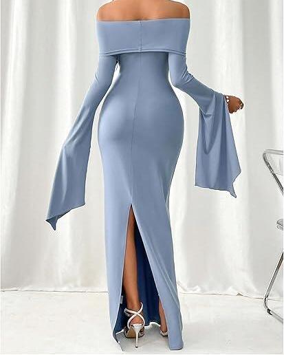 Blue simple fashion off-shoulder pleated long sleeves long slit ball gown evening dress party dress nv2618