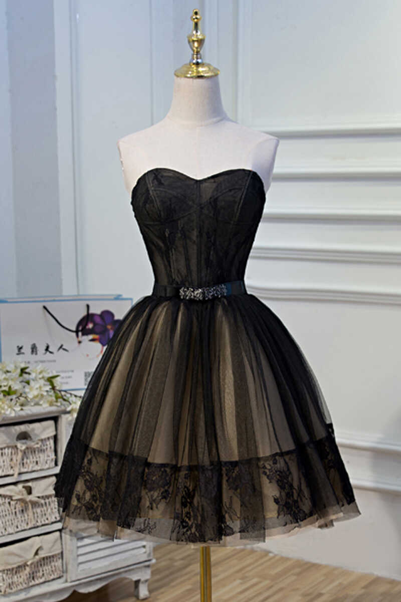 A-Linie schwarze Spitze herzförmiger Ausschnitt kurzes Mini-Bustier Homecoming-Kleid Abendkleid Partykleid nv2283