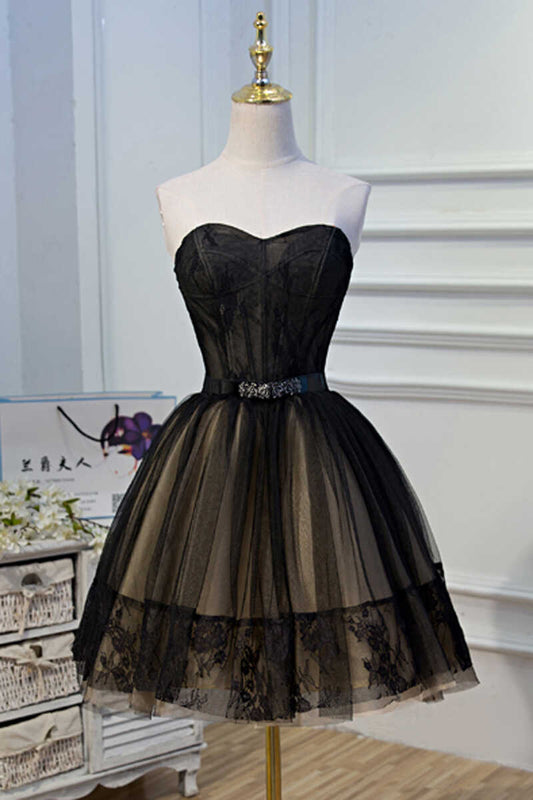 A-Linie schwarze Spitze herzförmiger Ausschnitt kurzes Mini-Bustier Homecoming-Kleid Abendkleid Partykleid nv2283
