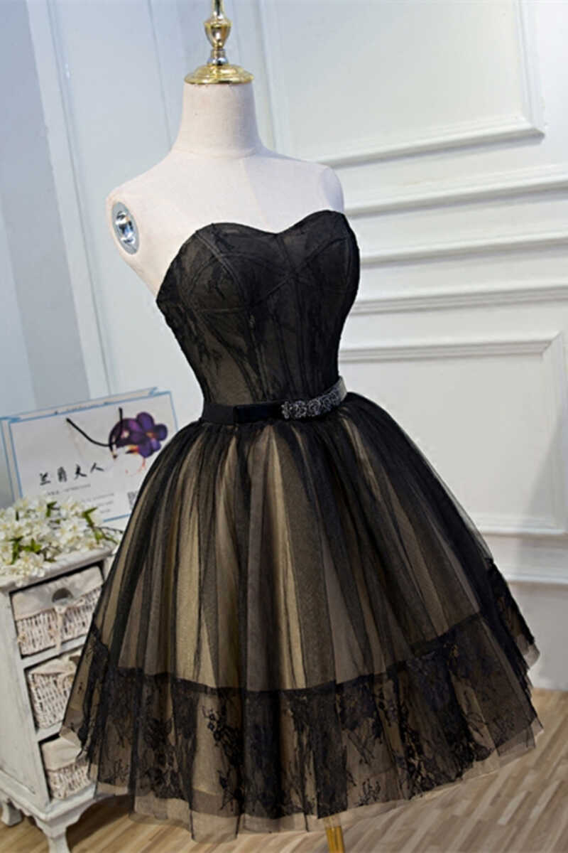 A-Linie schwarze Spitze herzförmiger Ausschnitt kurzes Mini-Bustier Homecoming-Kleid Abendkleid Partykleid nv2283