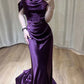 Purple Off Shoulder Mermaid Satin Long Ball Gown Evening Dress nv1997
