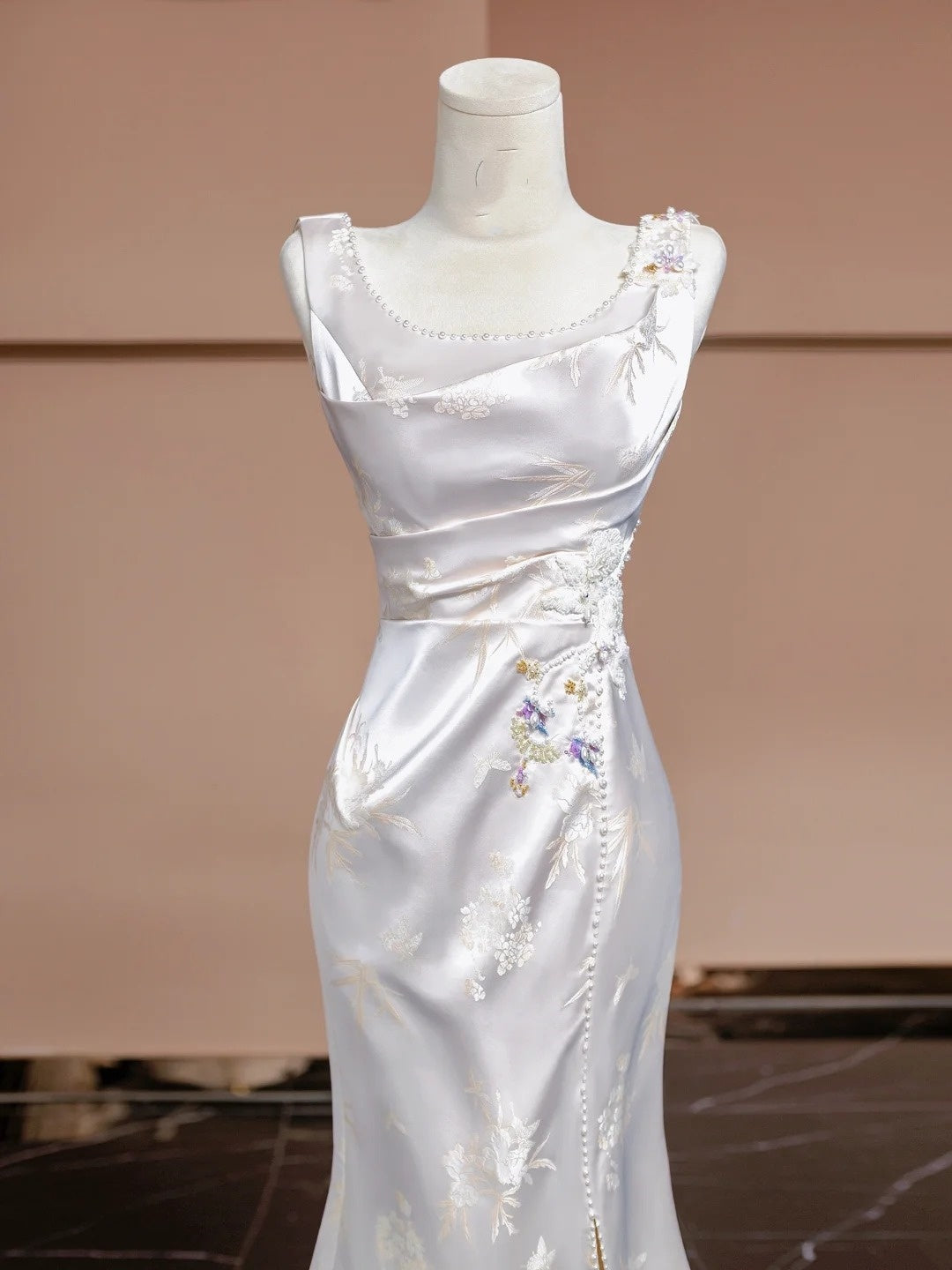Robe de soirée longue en satin blanc à fleurs, élégante, robe de bal, robe de soirée nv4542