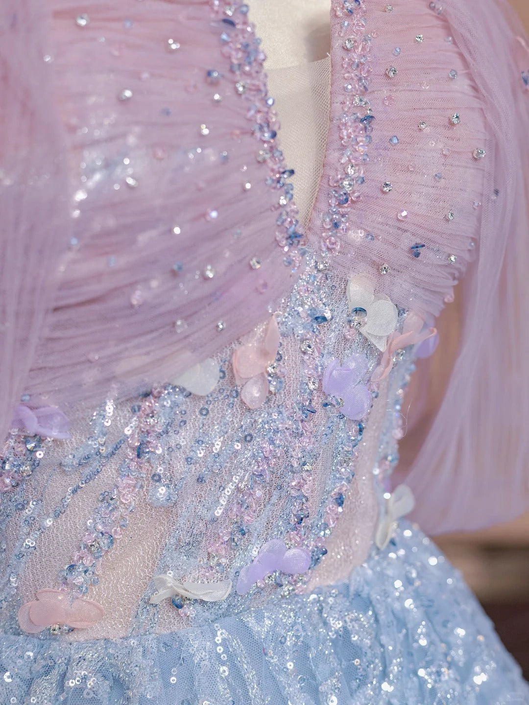 Rosa Blau Perlen Lange Tüll Bodenlangen Ballkleid Abendkleid nv5052