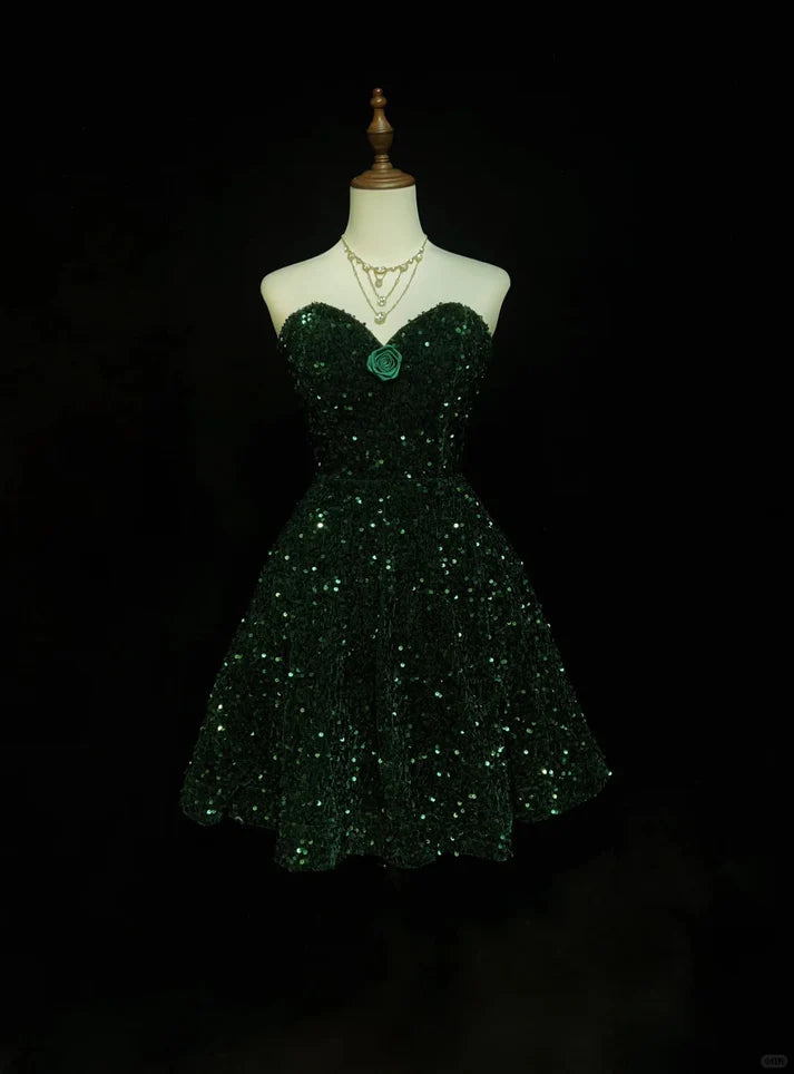 Grünes glänzendes Prinzessinnen-Pailletten-Kurzes Retro-Mode-Heimkehrkleid, Ballkleid, Abendkleid, NV4286