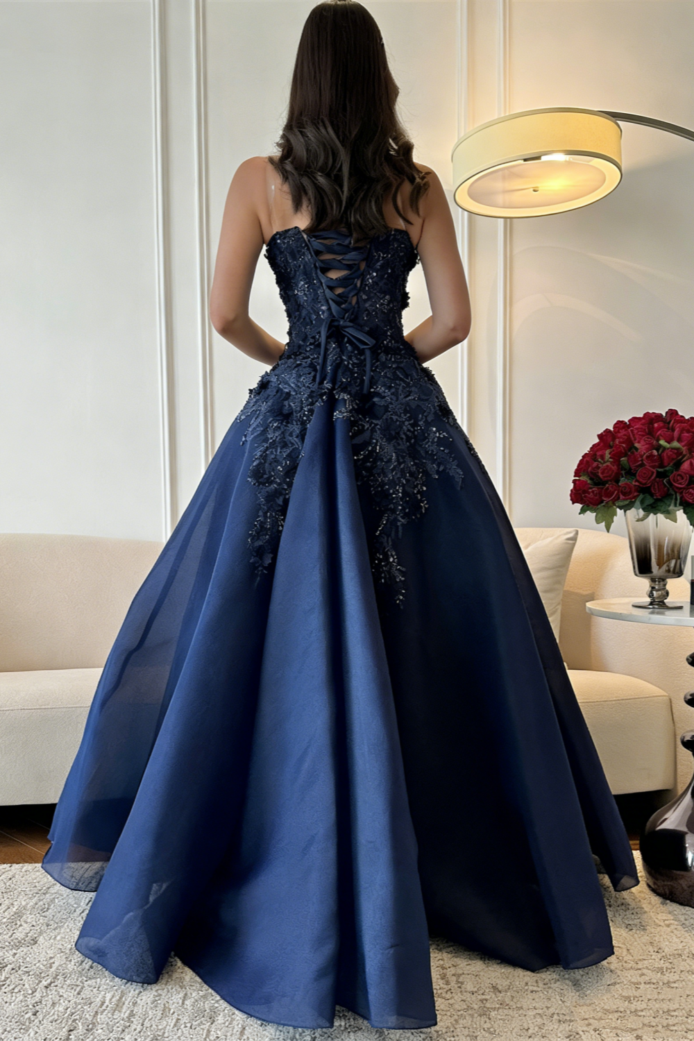 Navy Blue 3D Floral Beaded Ball Gown - Strapless Floor-Length Evening Dress NV6873