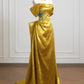 Gold Applique Elegant Long Satin Prom Dress Evening Gown nv4954