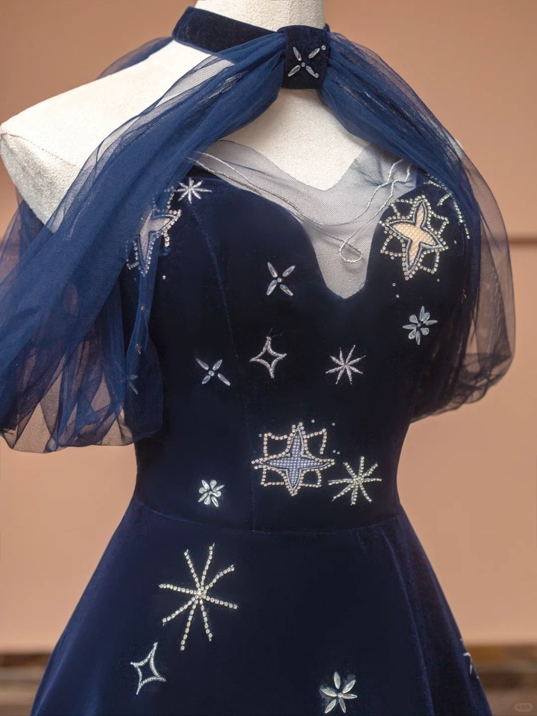 Robe de bal longue en velours bleu exquis, ornée d'étoiles et de perles, robe de soirée, robe de soirée, nv4732