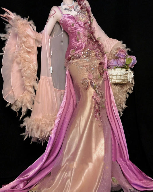 🌸Langes Ballkleid aus Satin mit Blumenmuster und Perlen in Rosa und Lila, Abendkleid, Feenkleid, NV4433
