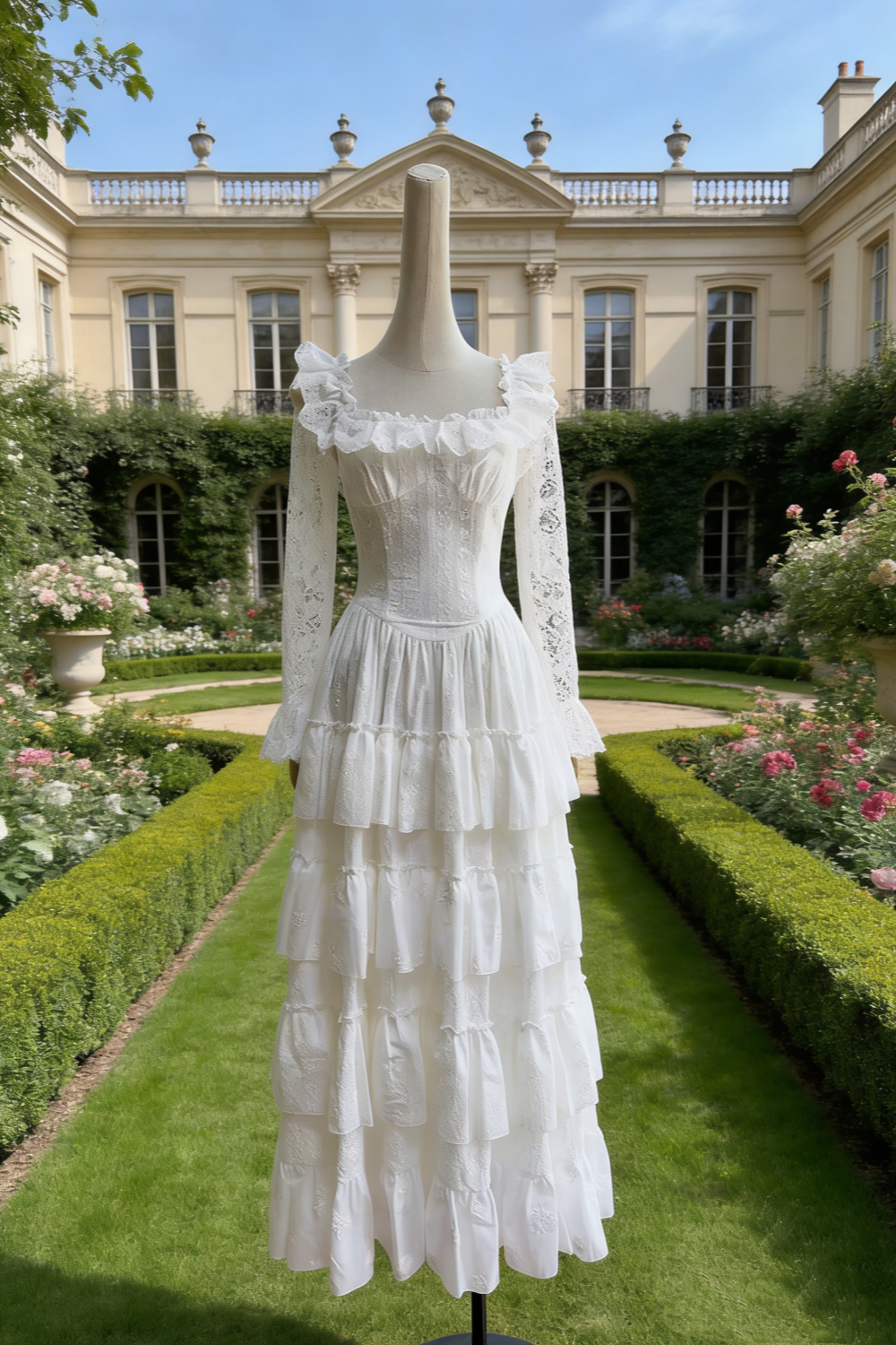 White Lace Flutter Sleeve Multi-Layer A-Line Maxi Dress - Gentle Style Date & Afternoon Tea Gown  NV6784