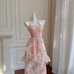Rosa Perlen Neckholder Elegante Lange Rüschen Chiffon Ballkleid Abendkleid Partykleid nv4186