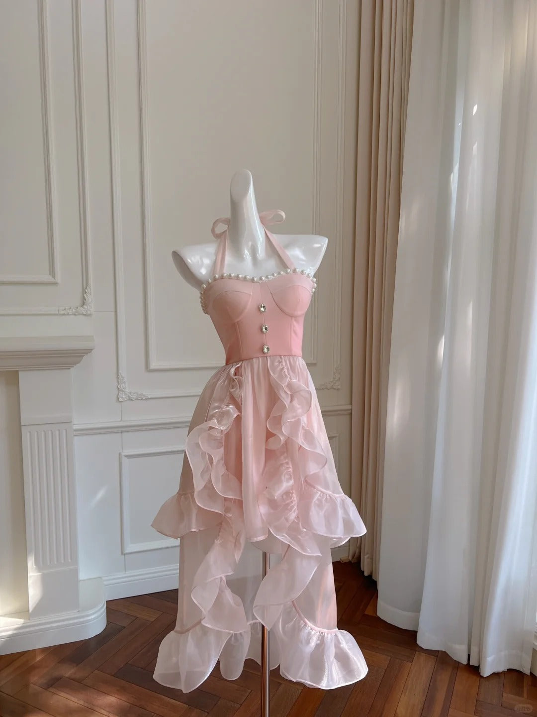 Rosa Perlen Neckholder Elegante Lange Rüschen Chiffon Ballkleid Abendkleid Partykleid nv4186