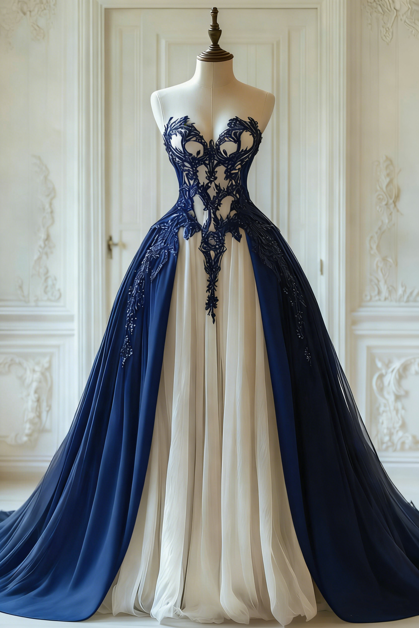 Robe gothique longue en tulle et dentelle noire et blanche à empiècements et manches papillon, modèle NV6172