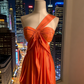 Vibrant Orange Matte One-Shoulder Twist Knot Backless Gown - Luxury Sash Draped Maxi Dress NV6783