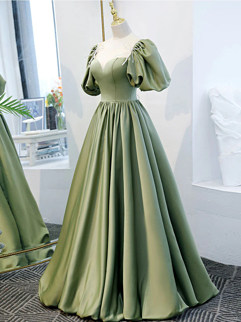 Simple A Line Green Satin Long Prom Dress, Evening Dress Custom Size nv389