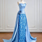 Blaues, glänzendes, langes, bodenlanges Satin-Ballkleid mit Pailletten, Abendkleid, Abschlusskleid, NV5104