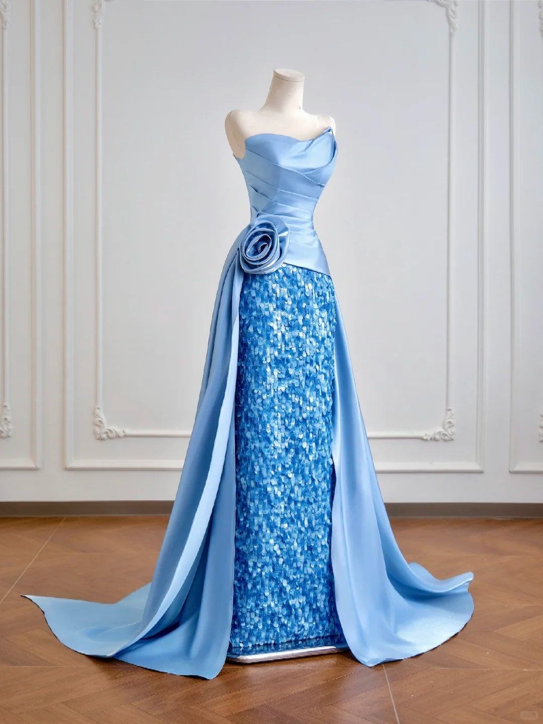 Blaues, glänzendes, langes, bodenlanges Satin-Ballkleid mit Pailletten, Abendkleid, Abschlusskleid, NV5104