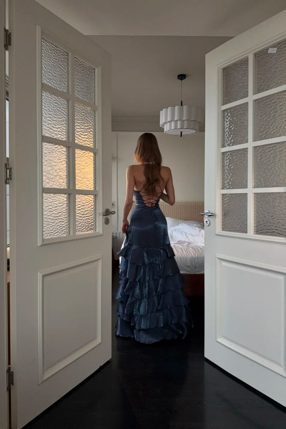 Robe de bal longue en satin bleu marine tendance NV6574