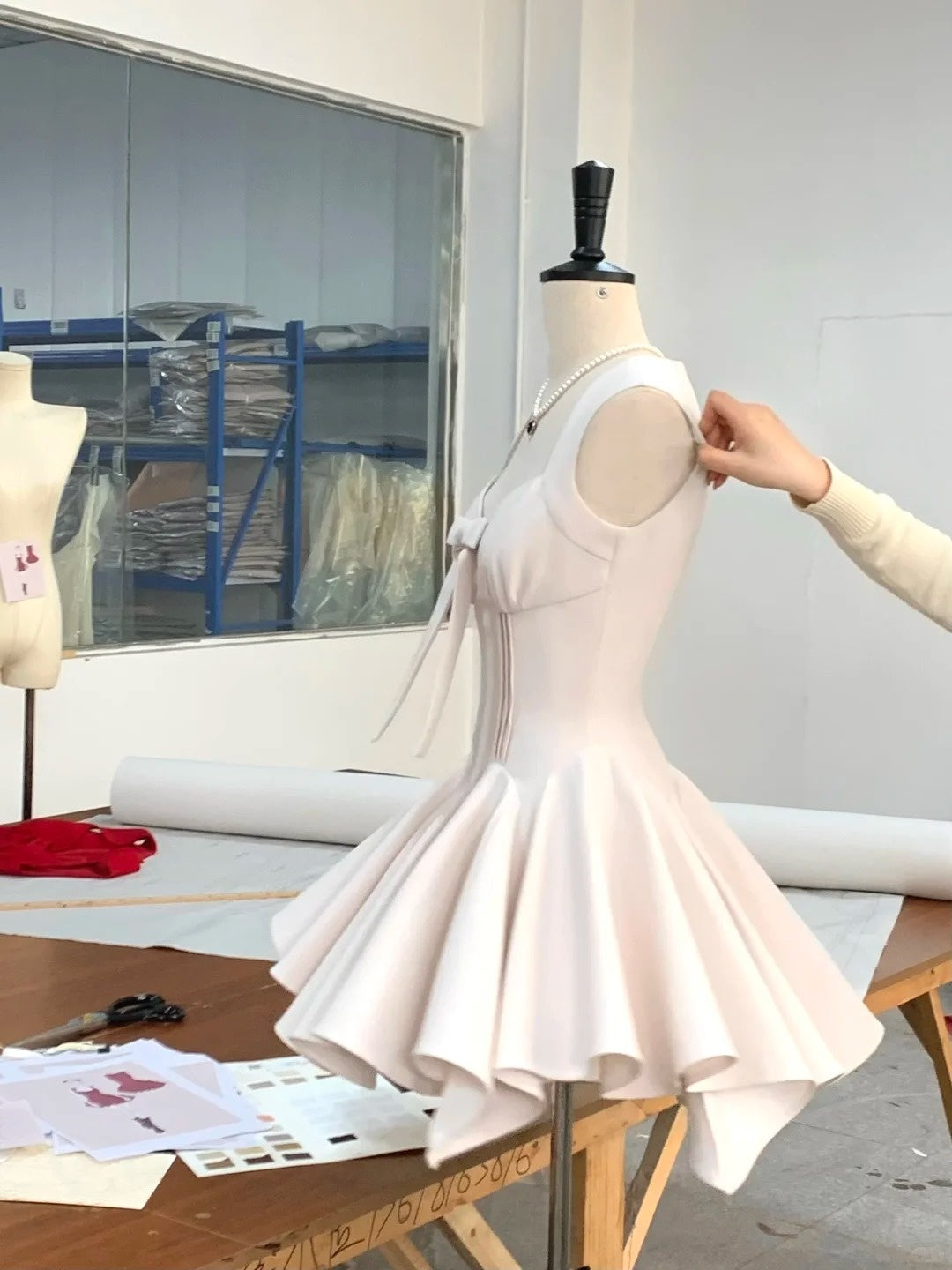 Robe de soirée courte en satin rose à nœud, robe de bal, robe d'anniversaire, nv4512