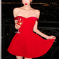 Robe courte rouge vif à épaules dénudées : taille en satin, jupe bouffante, robe de soirée idéale pour un banquet NV6408