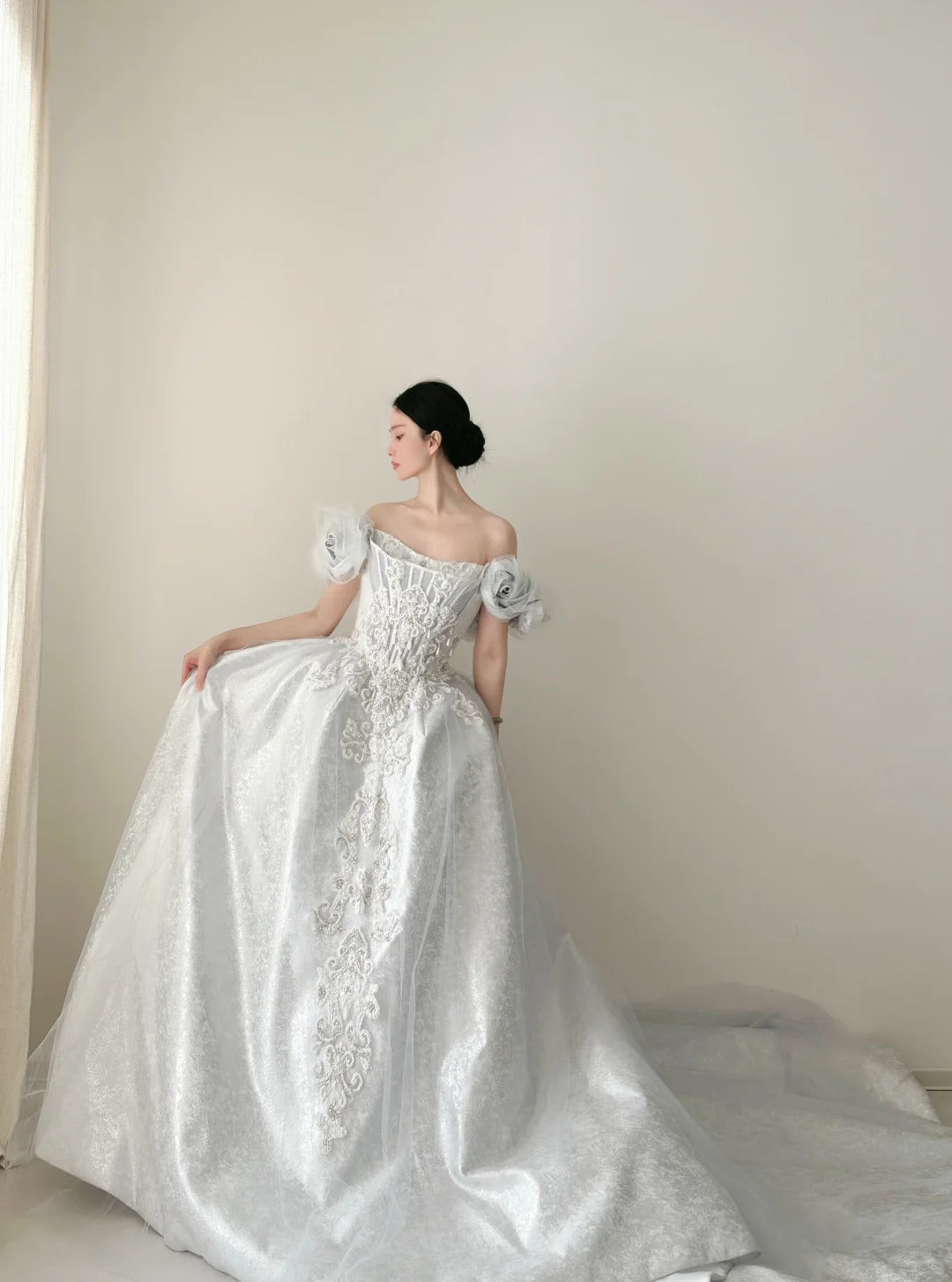 Light Blue Gorgeous Exquisite Beaded Long Floor Length Tulle Sequin Layered Ball Gown Evening Gown Wedding Dress nv4071