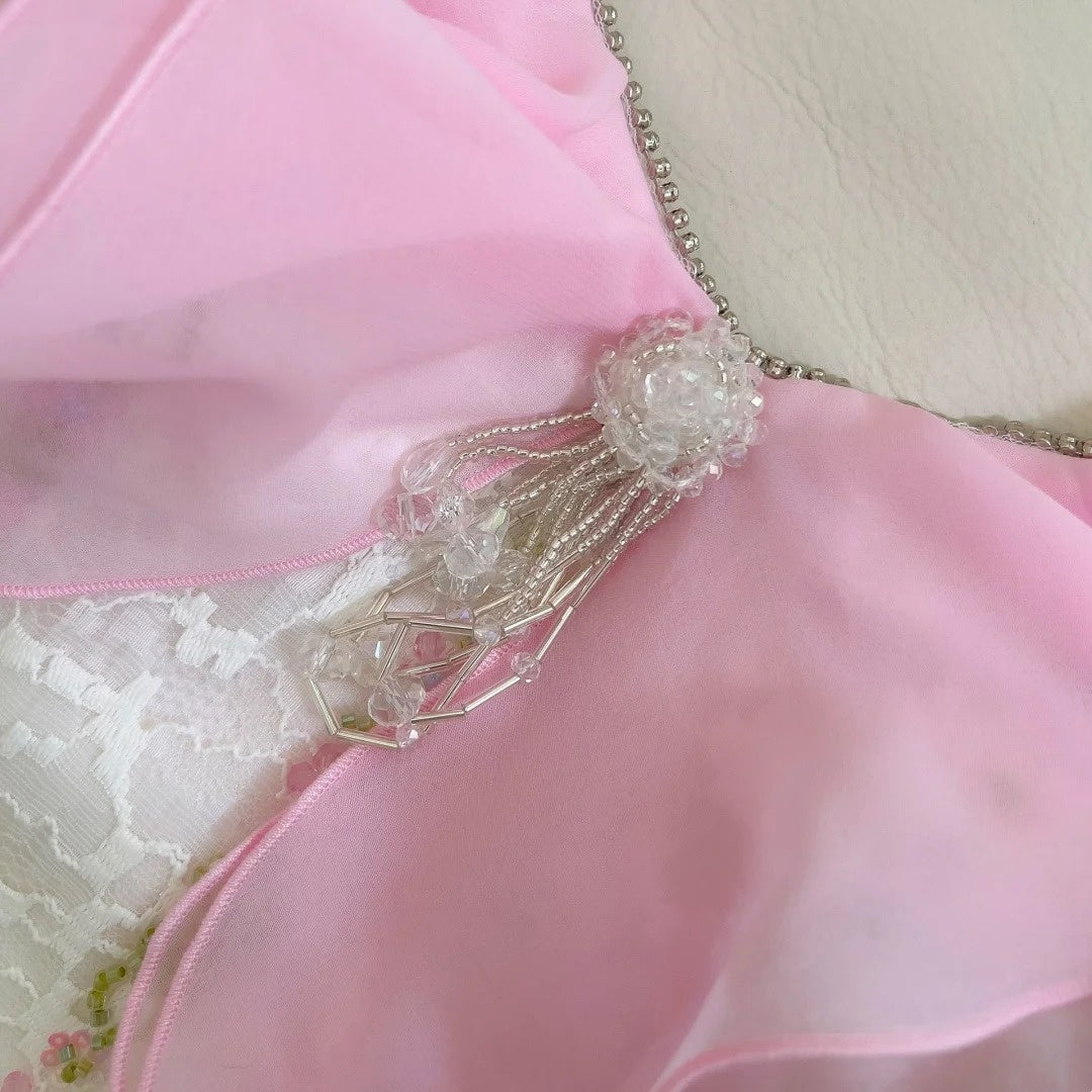 Robe de bal longue en mousseline de soie rose ornée de perles, robe de soirée, robe de remise de diplôme, nv4671