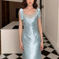 Robe de soirée longue en satin bleu clair à perles exquises nv4170